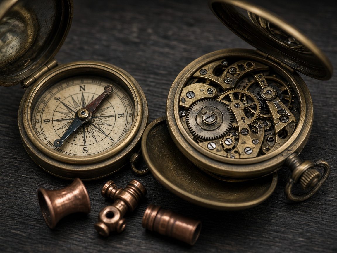 Old brass pocket gadgets and gears on dark wood