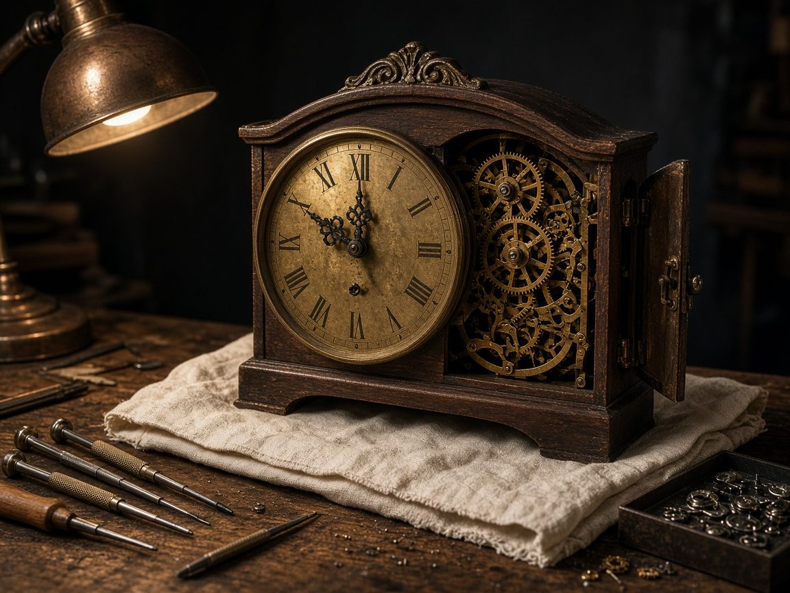Antique mantel clock open on a wooden bench with precision screwdrivers