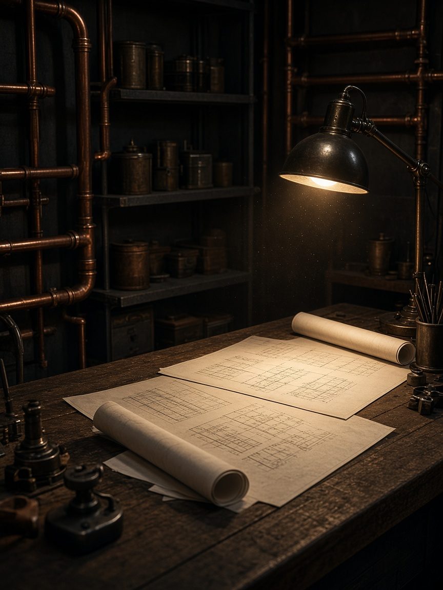 Moody workshop table with copper pipes rolled plans and warm lamp light