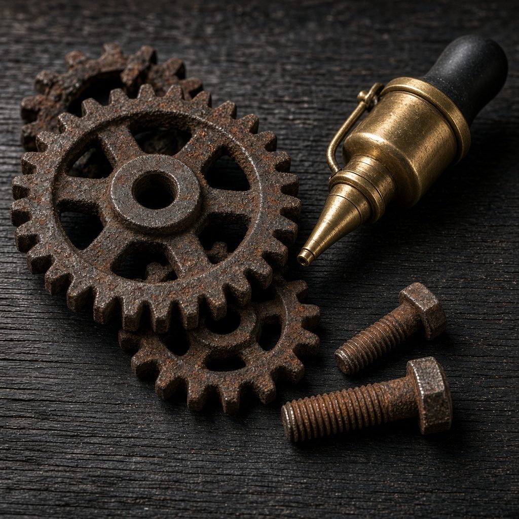 Weathered gears bolts and a brass oil dropper on dark wood
