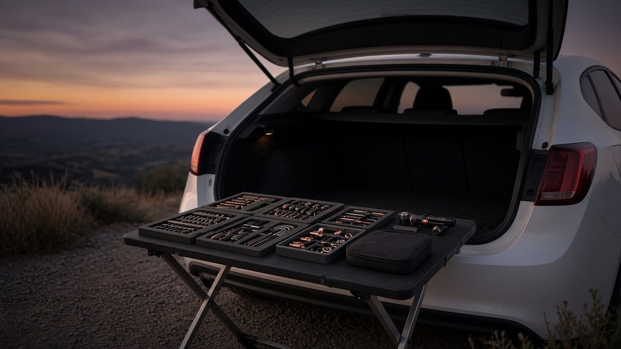 Portable workshop setup with folding table at an open car hatch at dusk