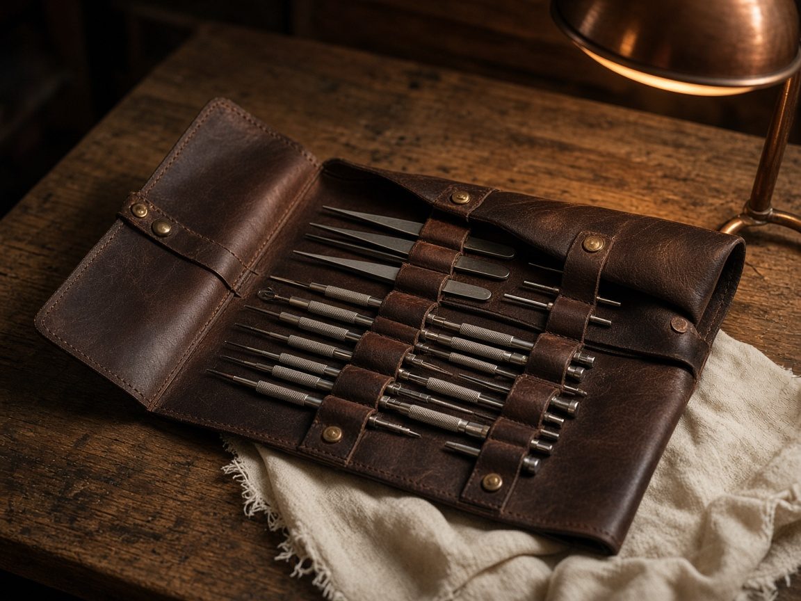 Leather tool roll unrolled showing precision drivers and tweezers