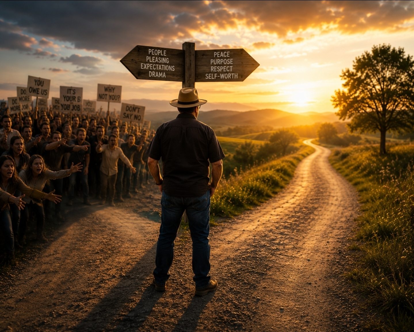 Illustration of a traveler at a fork in the road choosing peace and purpose over people-pleasing