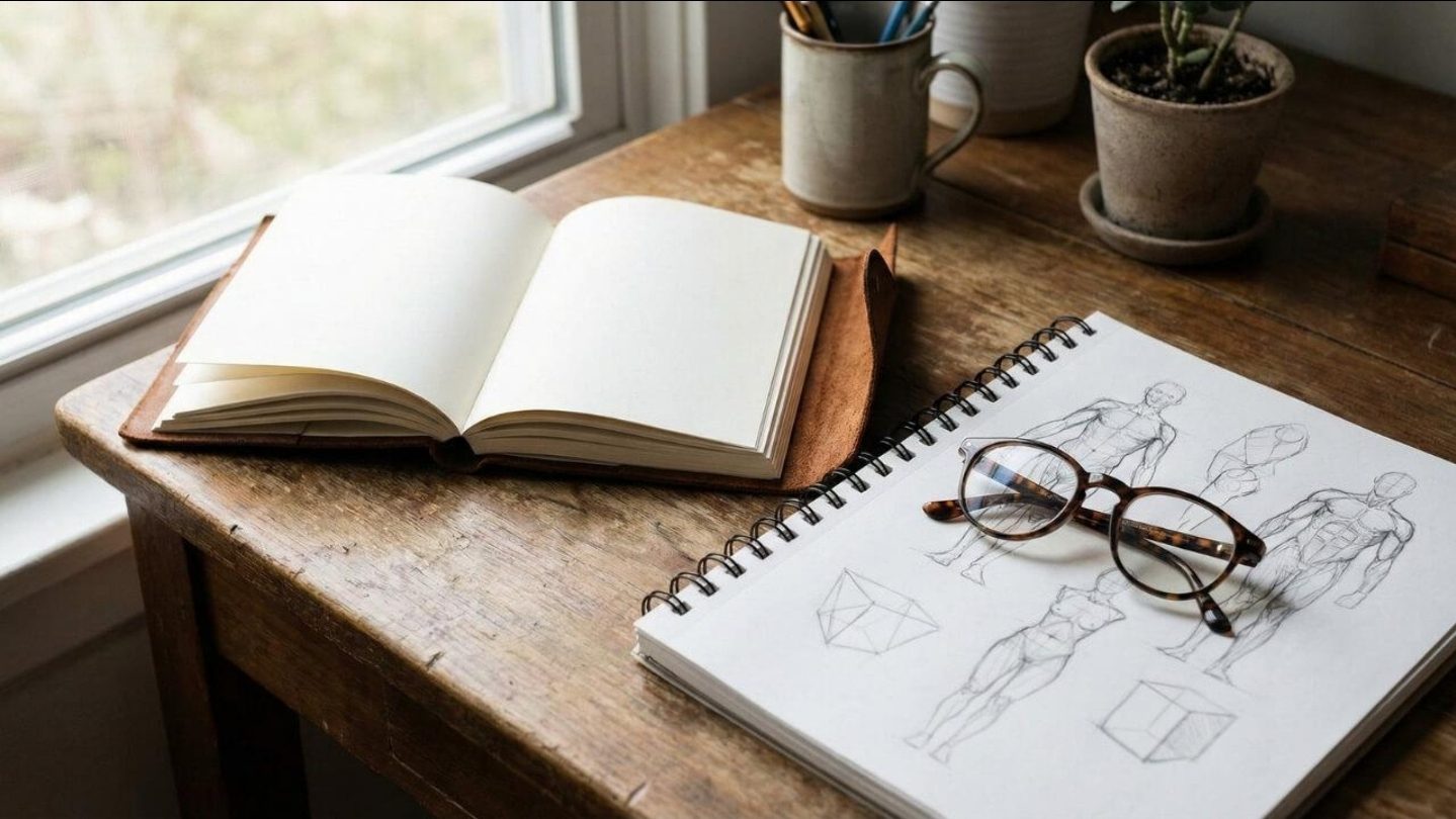 Open leather journal and spiral sketchbook with pencil figure studies and a pair of eyeglasses