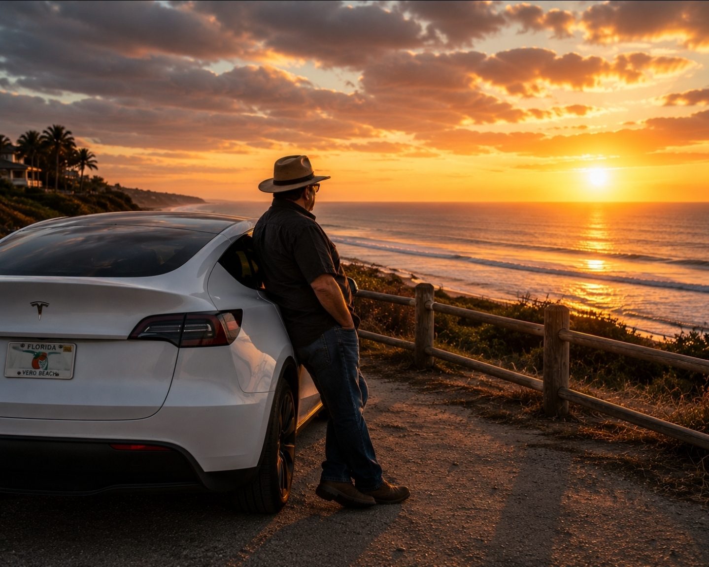 A man in a wide-brimmed hat standing beside a white Tesla overlooking a coastal sunset near Vero Beach